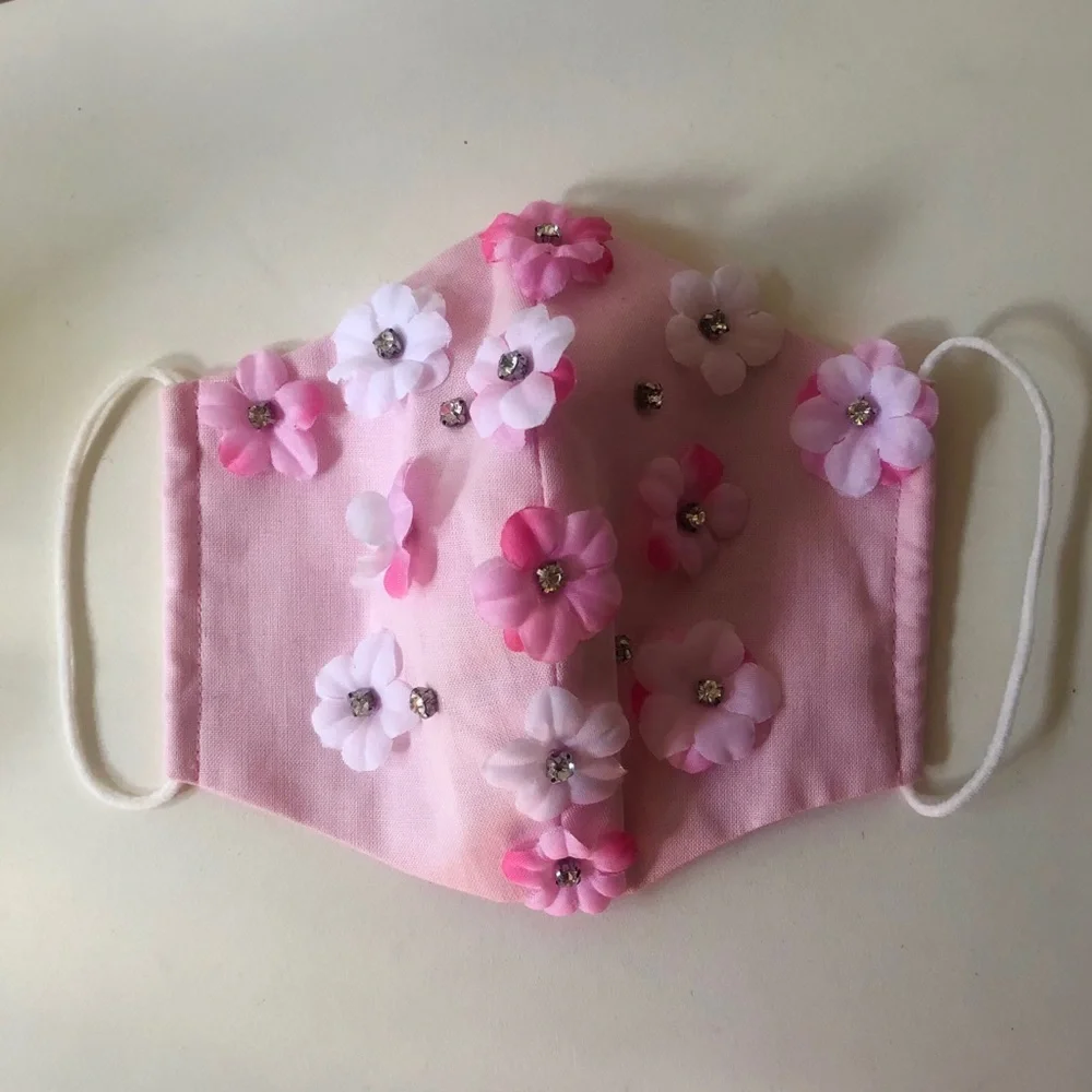 Handmade pink floral crystal embroidery face mask